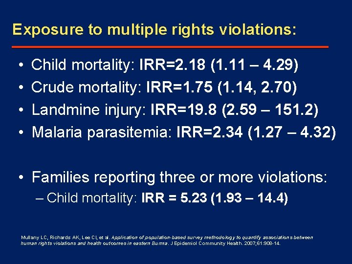 Exposure to multiple rights violations: • • Child mortality: IRR=2. 18 (1. 11 –