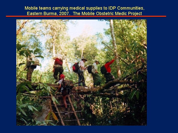 Mobile teams carrying medical supplies to IDP Communities, Eastern Burma, 2007. The Mobile Obstetric
