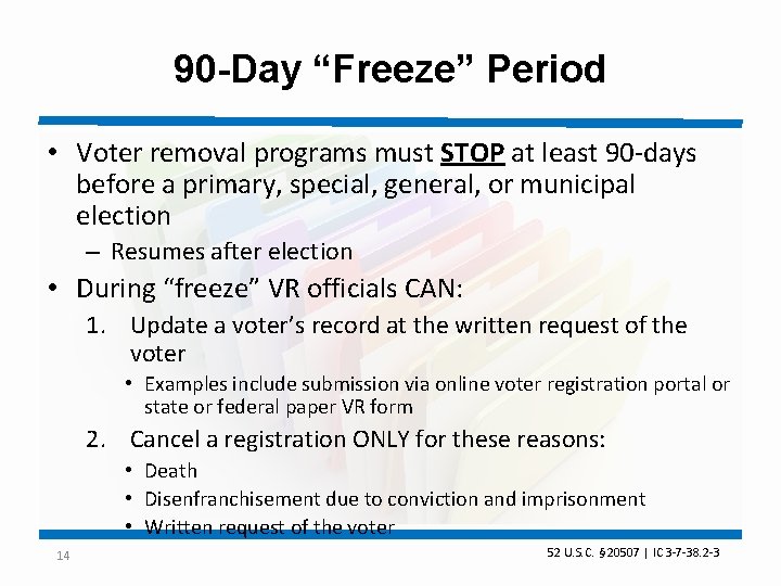 90 -Day “Freeze” Period • Voter removal programs must STOP at least 90 -days