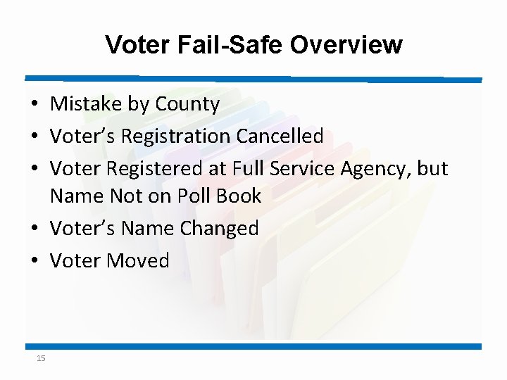 Voter Fail-Safe Overview • Mistake by County • Voter’s Registration Cancelled • Voter Registered
