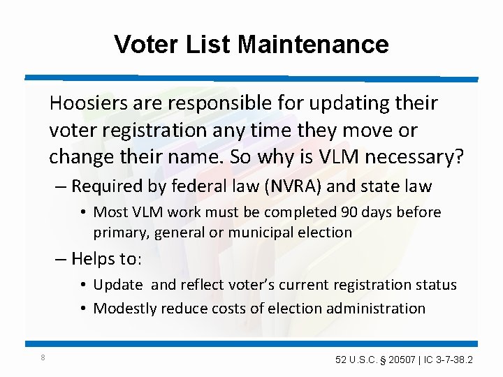 Voter List Maintenance Hoosiers are responsible for updating their voter registration any time they