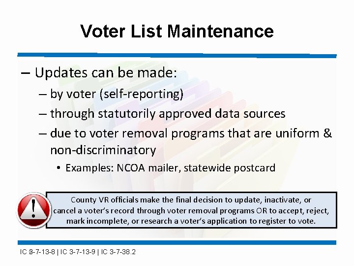 Voter List Maintenance – Updates can be made: – by voter (self-reporting) – through