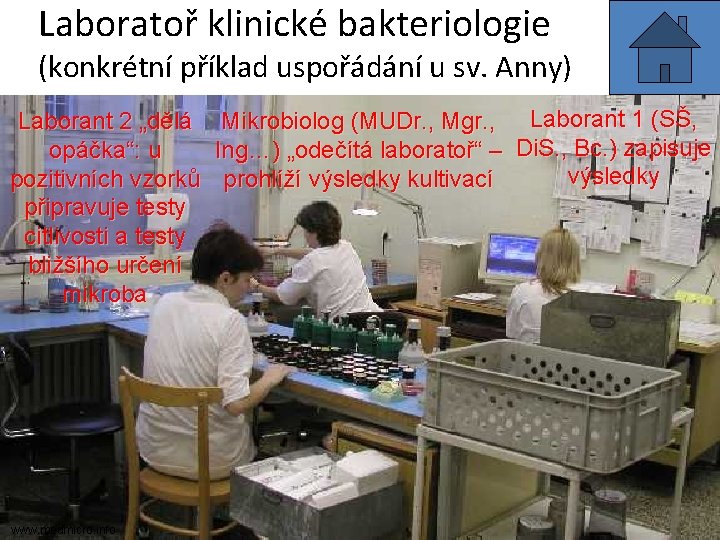Laboratoř klinické bakteriologie (konkrétní příklad uspořádání u sv. Anny) Laborant 2 „dělá Mikrobiolog (MUDr.