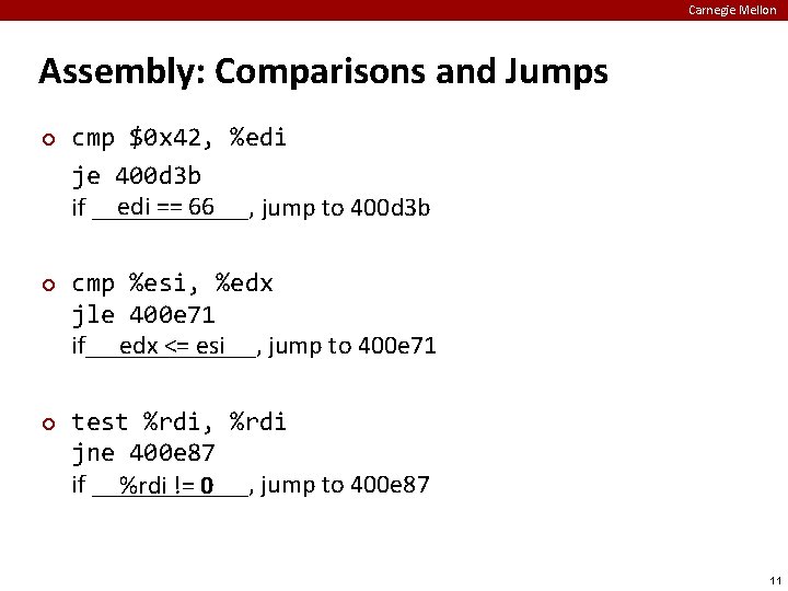 Carnegie Mellon Assembly: Comparisons and Jumps ¢ ¢ ¢ cmp $0 x 42, %edi