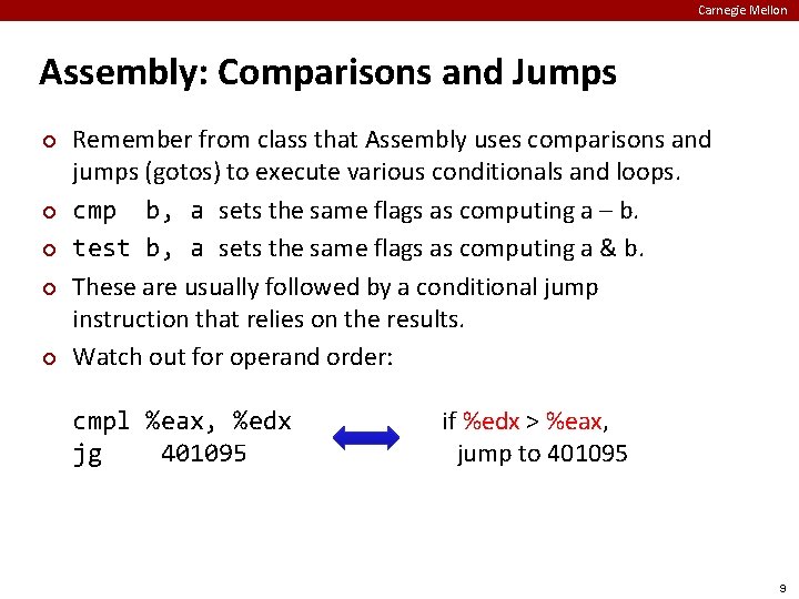 Carnegie Mellon Assembly: Comparisons and Jumps ¢ ¢ ¢ Remember from class that Assembly