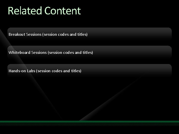 Related Content Breakout Sessions (session codes and titles) Whiteboard Sessions (session codes and titles)