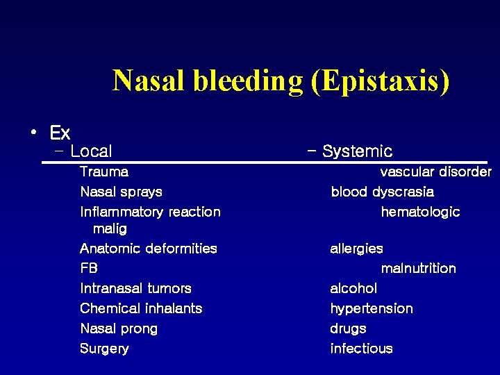 Nasal bleeding (Epistaxis) • Ex – Local Trauma Nasal sprays Inflammatory reaction malig Anatomic