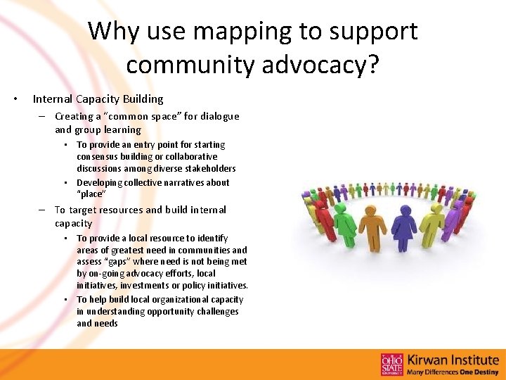 Why use mapping to support community advocacy? • Internal Capacity Building – Creating a