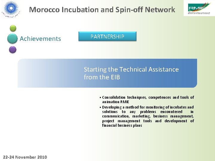 Morocco Incubation and Spin-off Network Achievements PARTNERSHIP Starting the Technical Assistance from the EIB