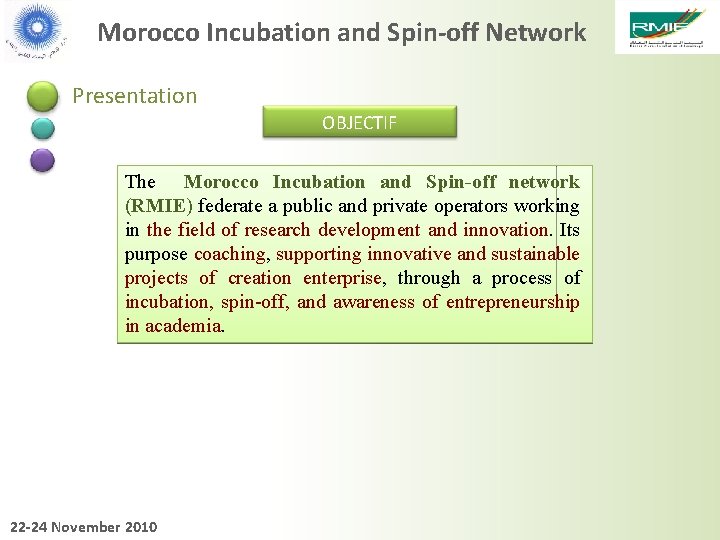 Morocco Incubation and Spin-off Network Presentation OBJECTIF The Morocco Incubation and Spin-off network (RMIE)