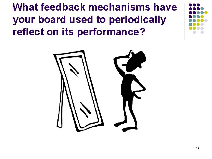 What feedback mechanisms have your board used to periodically reflect on its performance? 13