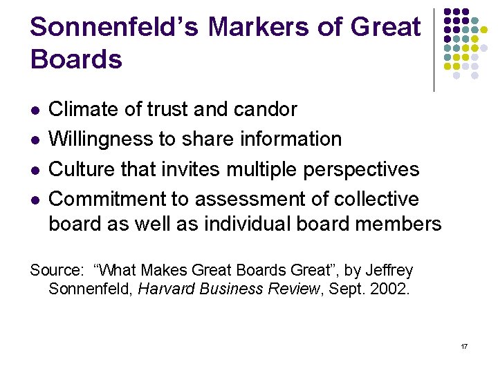 Sonnenfeld’s Markers of Great Boards l l Climate of trust and candor Willingness to