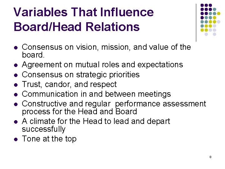 Variables That Influence Board/Head Relations l l l l Consensus on vision, mission, and