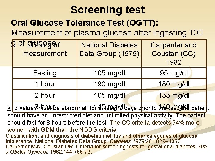 Screening test Oral Glucose Tolerance Test (OGTT): Measurement of plasma glucose after ingesting 100