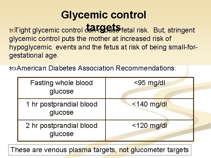 Glycemic control targets Tight glycemic control can reduce fetal risk. But, stringent glycemic control