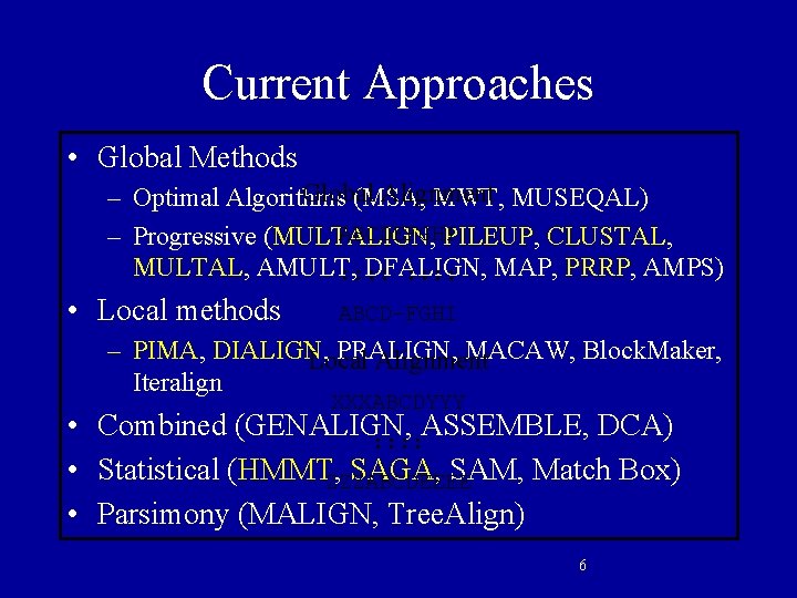 Current Approaches • Global Methods Global Alignment – Optimal Algorithms (MSA, MWT, MUSEQAL) ABCDEFGHI