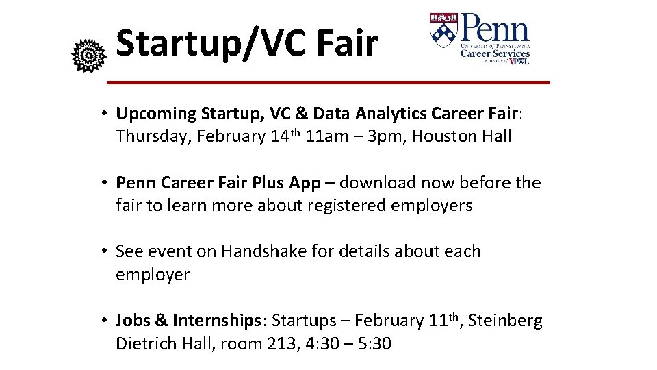 Startup/VC Fair • Upcoming Startup, VC & Data Analytics Career Fair: Thursday, February 14