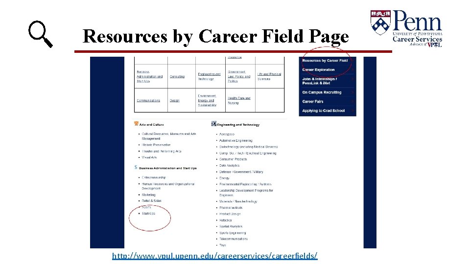 Resources by Career Field Page http: //www. vpul. upenn. edu/careerservices/careerfields/ 