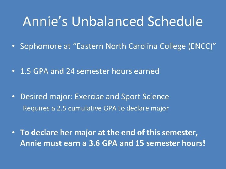 Annie’s Unbalanced Schedule • Sophomore at “Eastern North Carolina College (ENCC)” • 1. 5