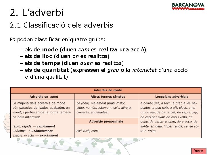 2. L’adverbi 2. 1 Classificació dels adverbis Es poden classificar en quatre grups: – 2. L’adverbi 2. 1 Classificació dels adverbis Es poden classificar en quatre grups: –