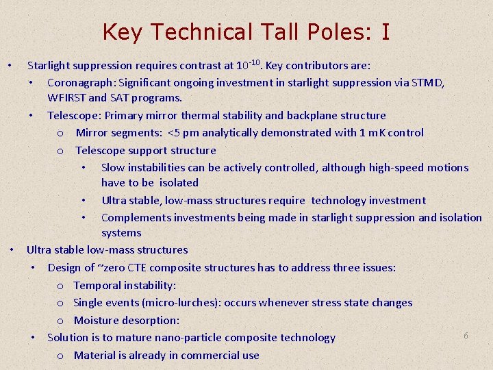 Key Technical Tall Poles: I Starlight suppression requires contrast at 10 -10. Key contributors