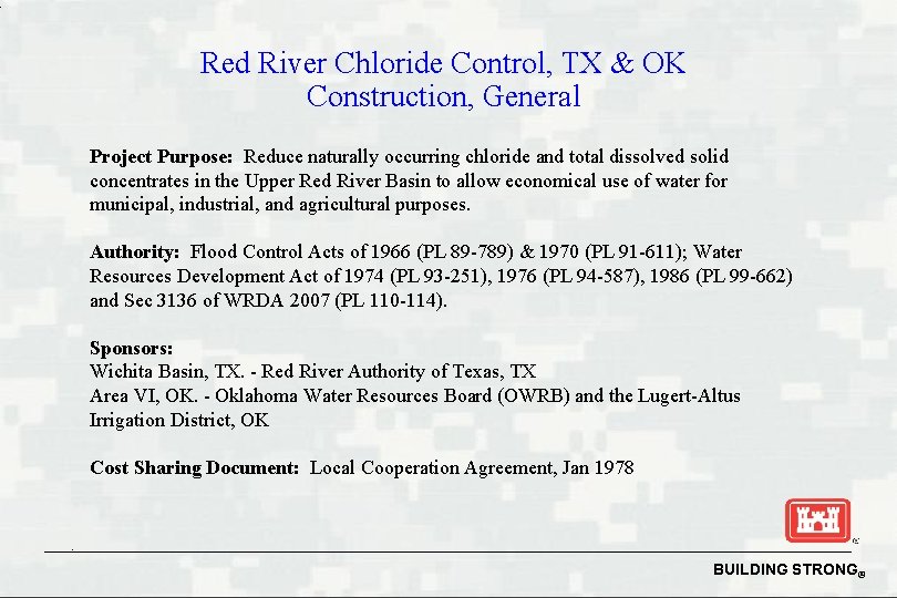 Red River Chloride Control, TX & OK Construction, General Project Purpose: Reduce naturally occurring