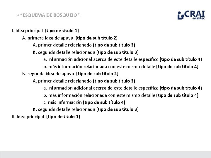 » “ESQUEMA DE BOSQUEJO”: I. Idea principal (tipo de título 1) A. primera idea