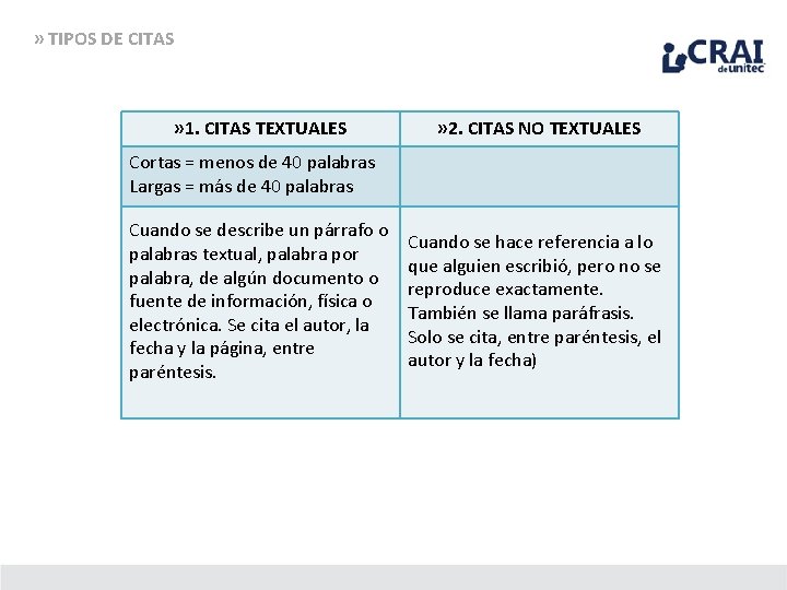 » TIPOS DE CITAS » 1. CITAS TEXTUALES » 2. CITAS NO TEXTUALES Cortas