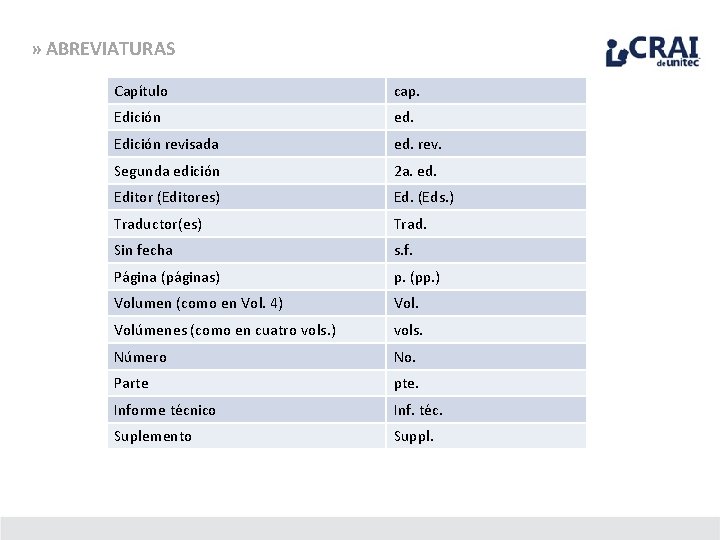 » ABREVIATURAS Capítulo cap. Edición ed. Edición revisada ed. rev. Segunda edición 2 a.