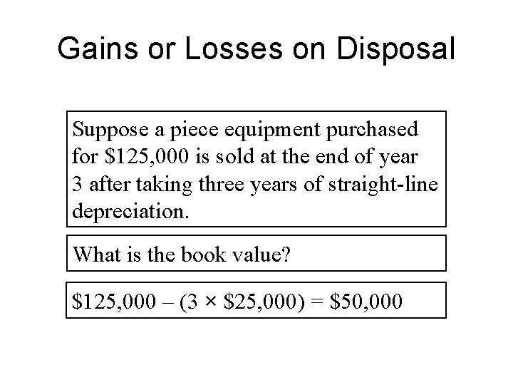 Gains or Losses on Disposal Suppose a piece equipment purchased for $125, 000 is