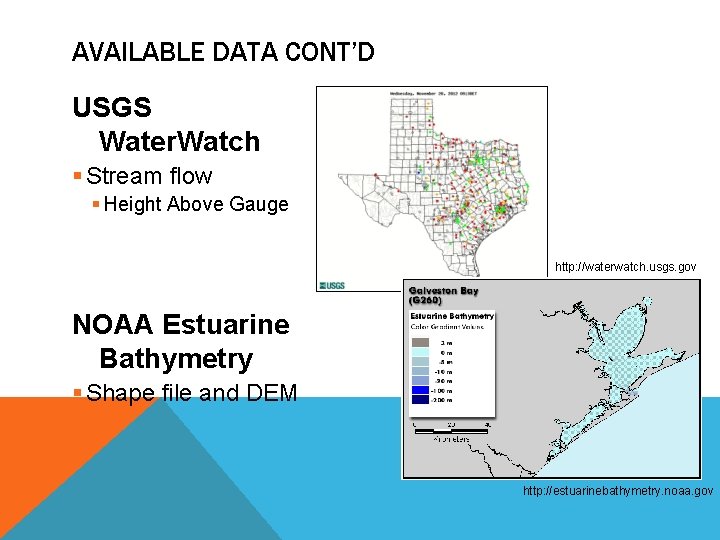 AVAILABLE DATA CONT’D USGS Water. Watch § Stream flow § Height Above Gauge http: