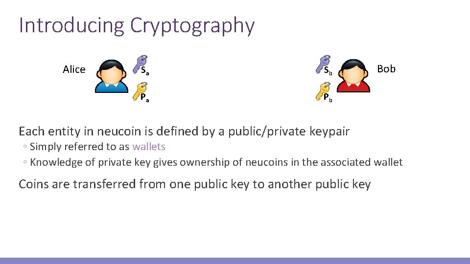 Introducing Cryptography Alice Sa Sb Pa Pb Each entity in neucoin is defined by