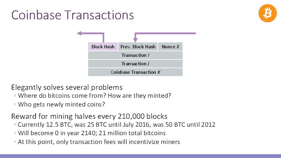 Coinbase Transactions Block Hash Prev. Block Hash Nonce X Transaction I Transaction J Coinbase