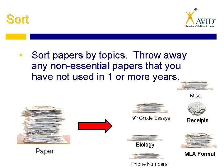 Sort • Sort papers by topics. Throw away any non-essential papers that you have