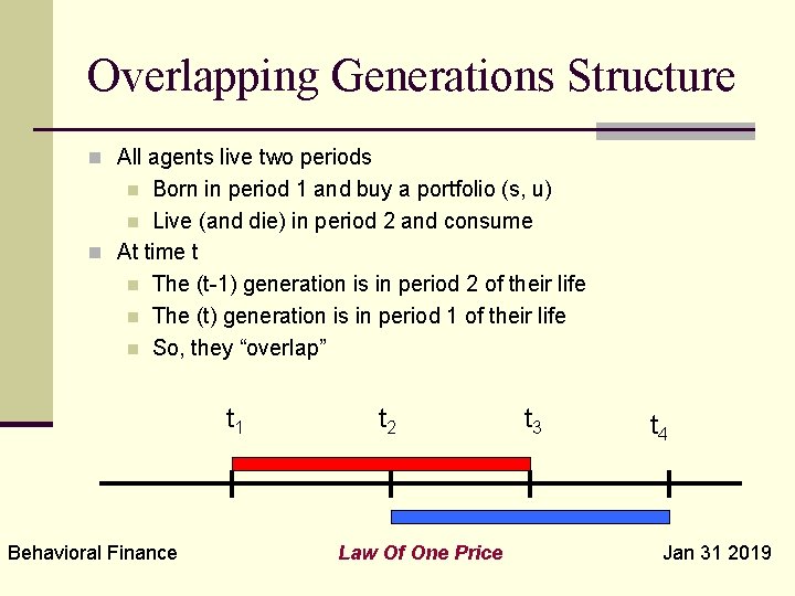 Overlapping Generations Structure n All agents live two periods Born in period 1 and