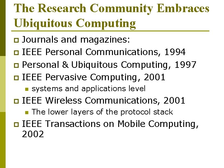 The Research Community Embraces Ubiquitous Computing Journals and magazines: p IEEE Personal Communications, 1994