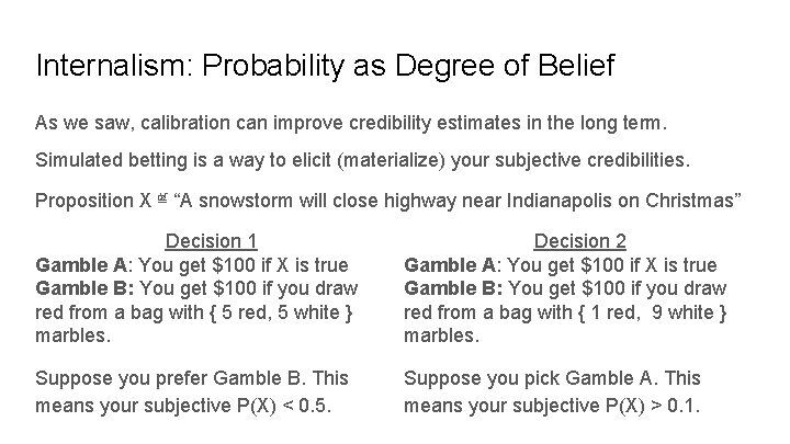 Internalism: Probability as Degree of Belief As we saw, calibration can improve credibility estimates