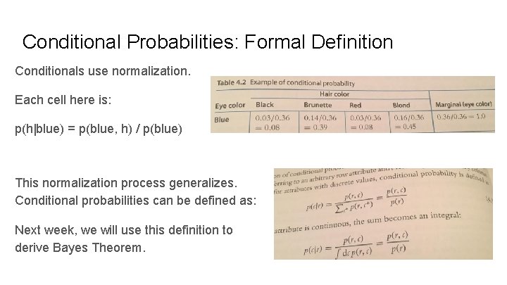 Conditional Probabilities: Formal Definition Conditionals use normalization. Each cell here is: p(h|blue) = p(blue,