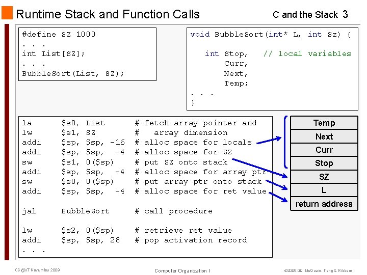 Runtime Stack and Function Calls #define SZ 1000. . . int List[SZ]; . .