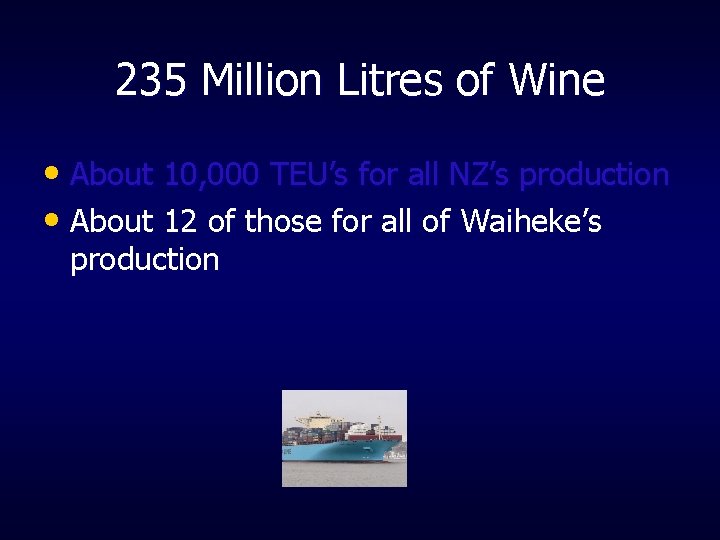 235 Million Litres of Wine • About 10, 000 TEU’s for all NZ’s production