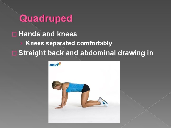 Quadruped � Hands and knees › Knees separated comfortably � Straight back and abdominal