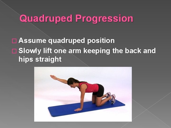 Quadruped Progression � Assume quadruped position � Slowly lift one arm keeping the back