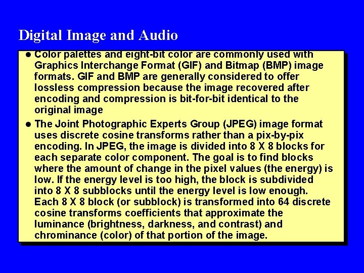 Digital Image and Audio l Color palettes and eight-bit color are commonly used with