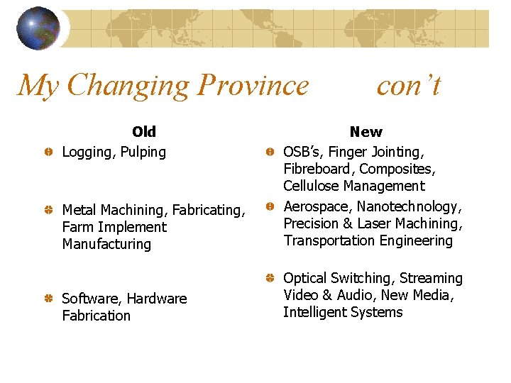 My Changing Province Old Logging, Pulping con’t Metal Machining, Fabricating, Farm Implement Manufacturing New