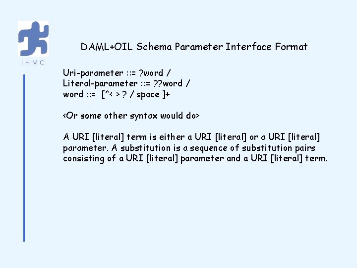 DAML+OIL Schema Parameter Interface Format IHMC Uri-parameter : : = ? word / Literal-parameter