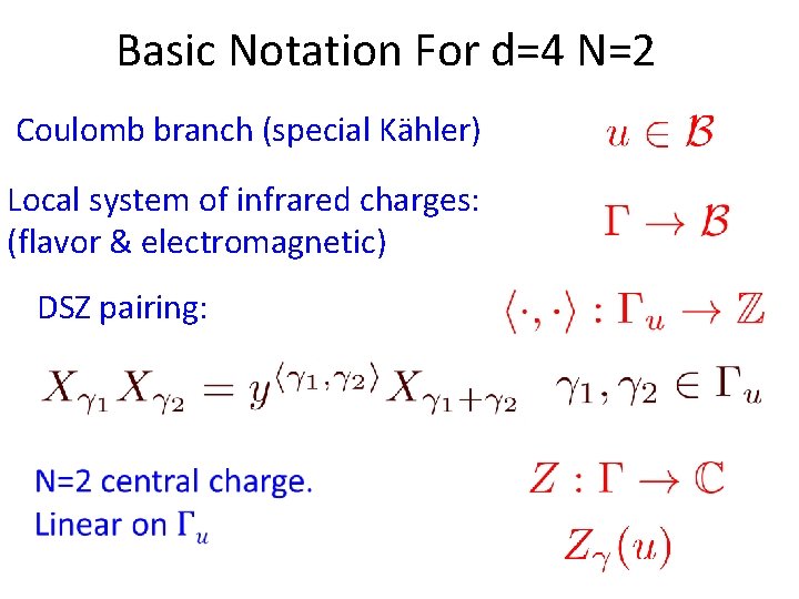 Basic Notation For d=4 N=2 Coulomb branch (special Kähler) Local system of infrared charges: