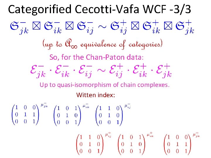 Categorified Cecotti-Vafa WCF -3/3 So, for the Chan-Paton data: Up to quasi-isomorphism of chain