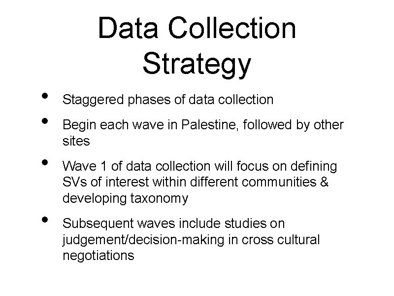 Data Collection Strategy • • Staggered phases of data collection Begin each wave in