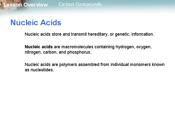 Lesson Overview Carbon Compounds Nucleic Acids Nucleic acids store and transmit hereditary, or genetic,