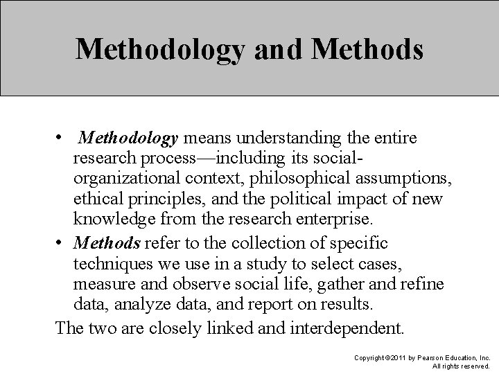 Methodology and Methods • Methodology means understanding the entire research process—including its socialorganizational context,